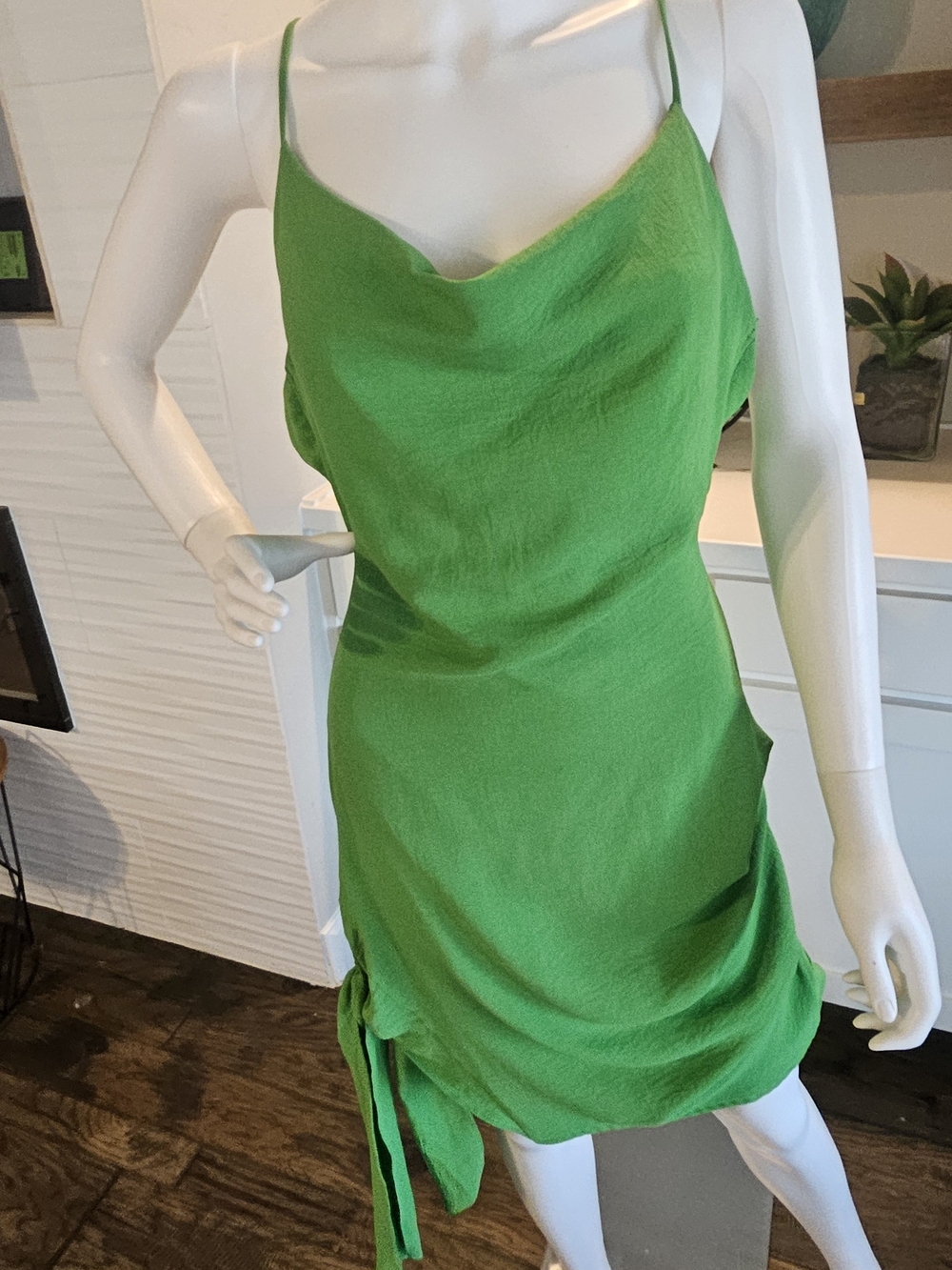 Green Cowl Neck Spaghetti Strap Dress